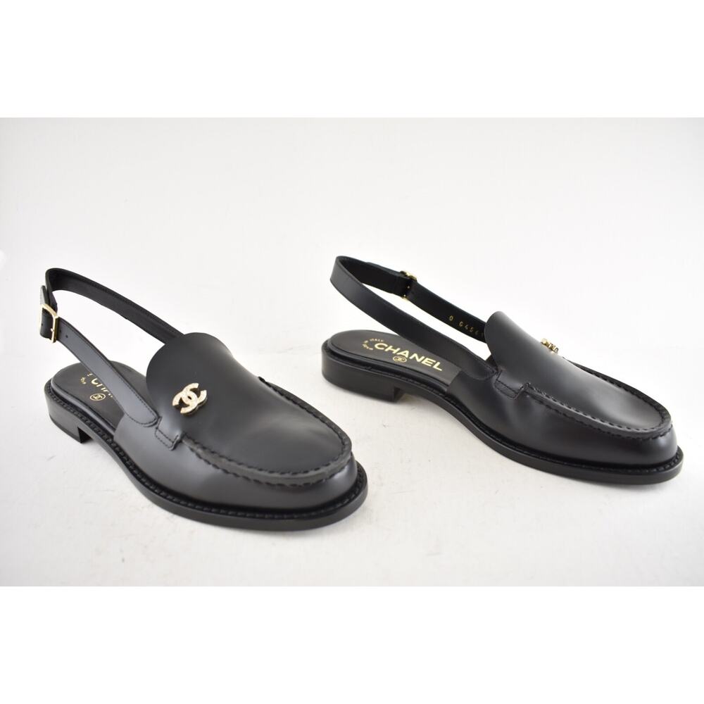 Chanel REV Black Leather CC Crystal Logo Coco Sling Slingback Ballet Flat 40 - Picture 4 of 16